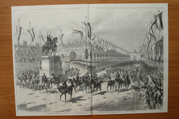 Holzstich München 1871 Siegeseinzug der bayrischen Truppen am 16 Juni: König Ludwig an der Ludwigs Statue Bayern